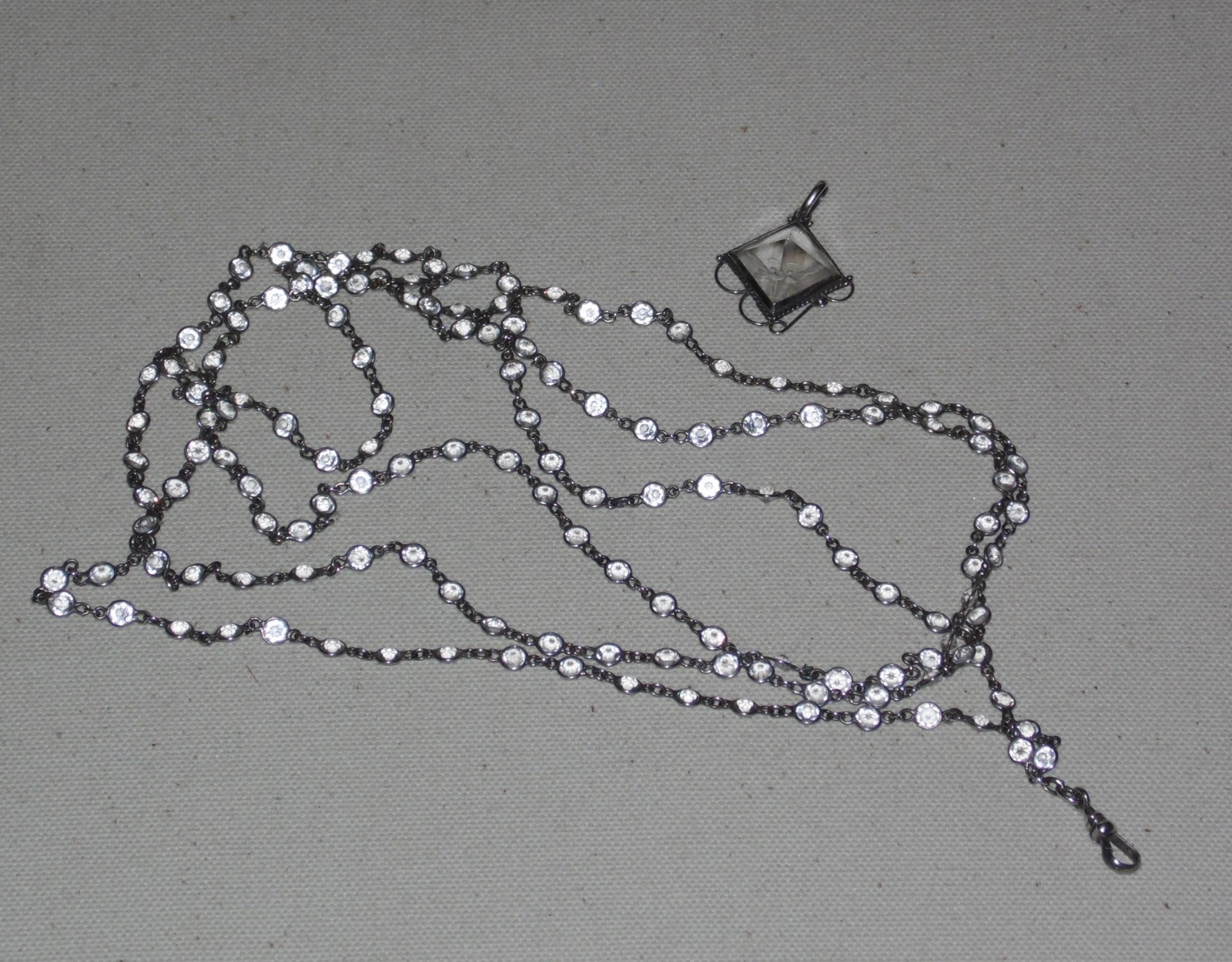 Antique Vintage Sterling Silver open-back faceted Crystal Chain Necklace Fob 63″