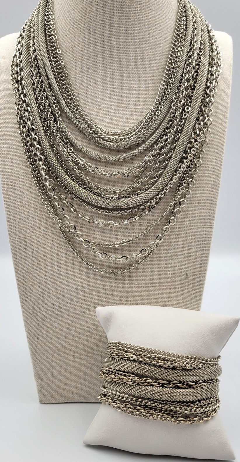 Vintage Multi Strand Chain Necklace Bracelet Jewelry Set Layered Silver Tone