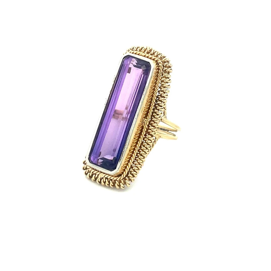 Amethyst Gold Long Ring 18k Yellow Rope Style Split Shank Size 5 Vintage