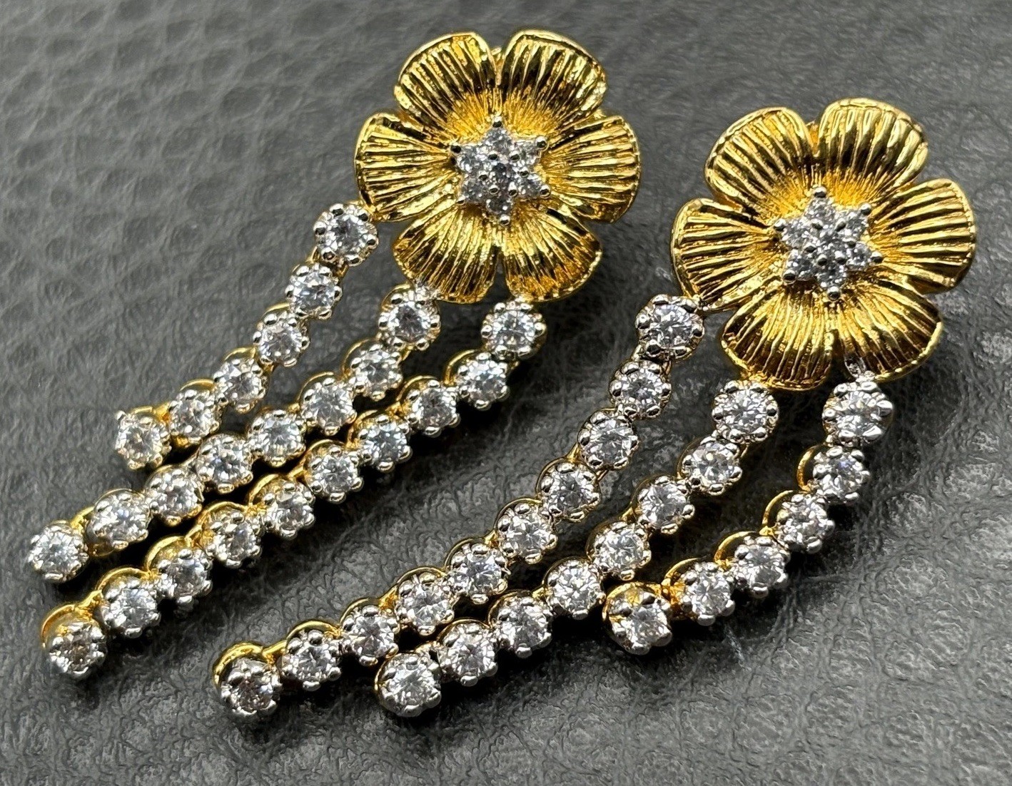 Gorgeous Cubic Zirconia Flower Gold Plated Chandelier Drop Pierced Earrings