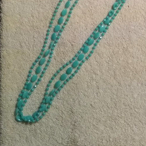 Vintage Hong Kong 3 Strand Turquoise Color Plastic Necklace 46″ Long