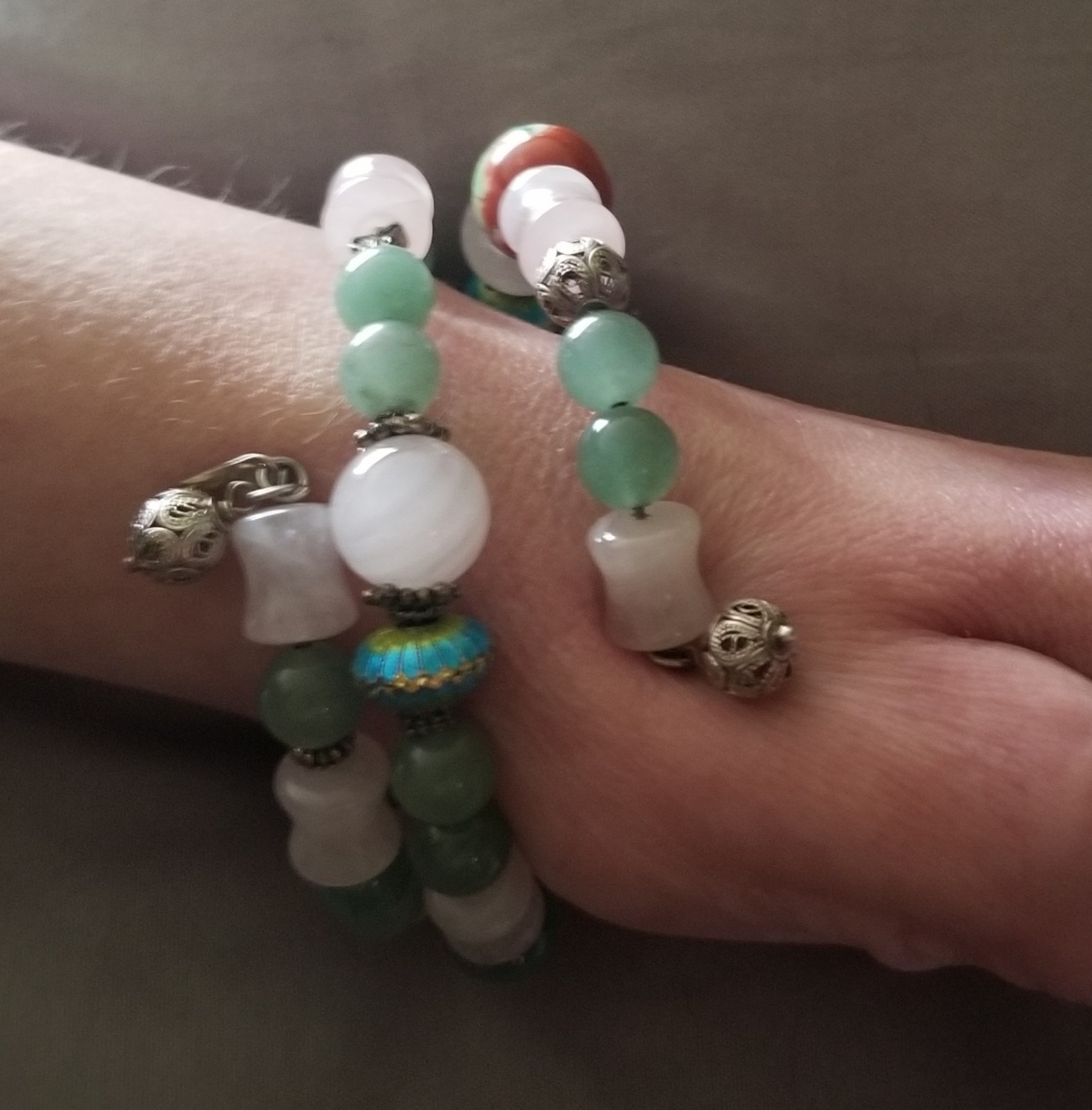 vintage wrap bracelet sterling silver green and lavender jadeite cloisonne beads