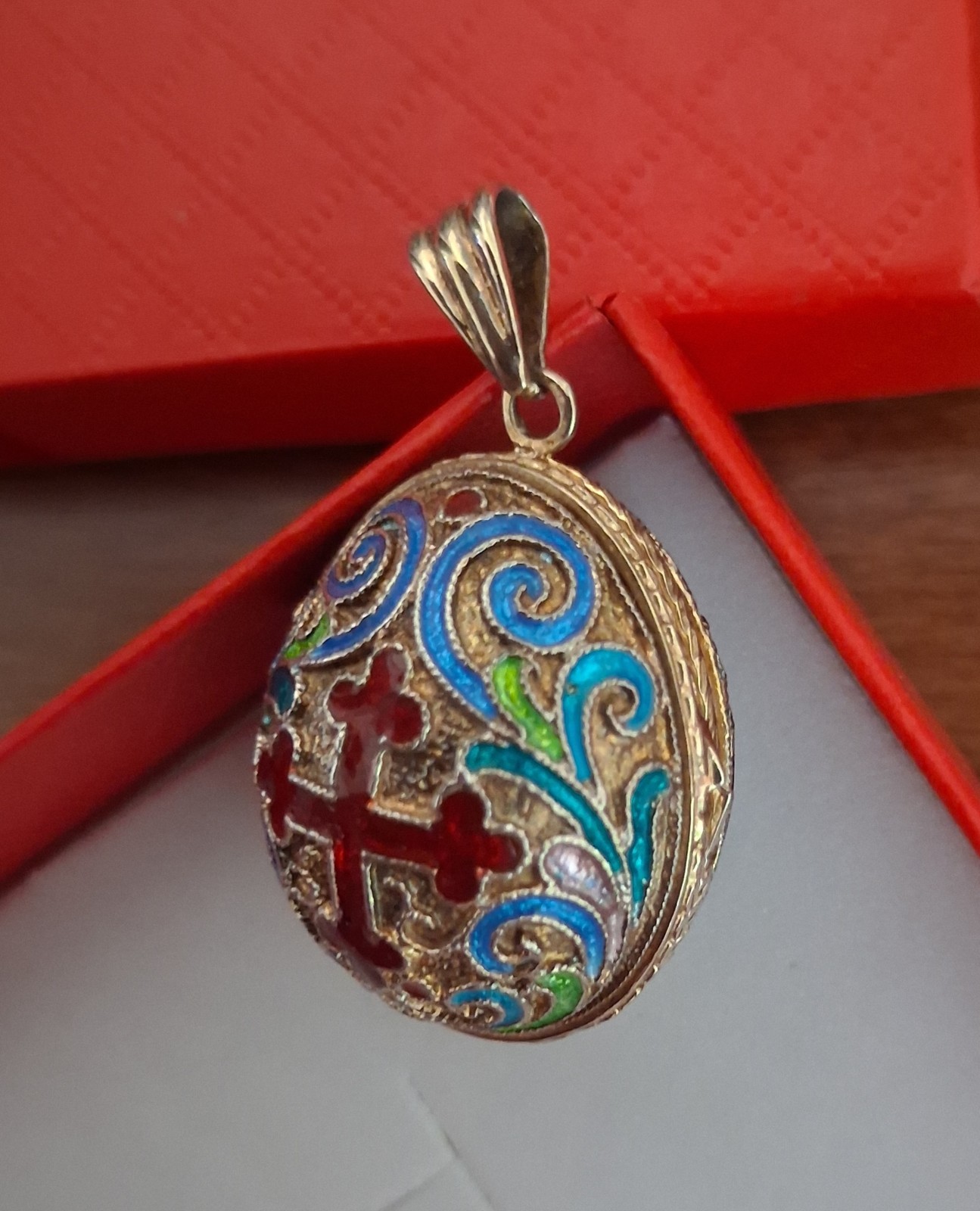 VTG c1990s Egg Pendant Locket Red Cross Gold Jesus Inside Silver Eagle Hinged
