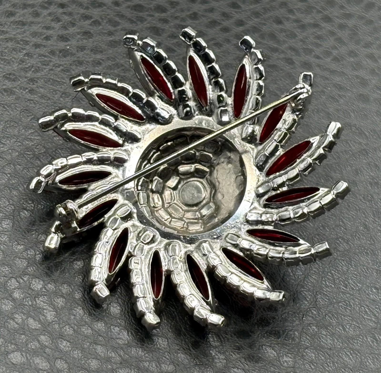 VTG Huge Attributed To Kramer Red Rhinestone Starburst Brooch Silver Tone Pin