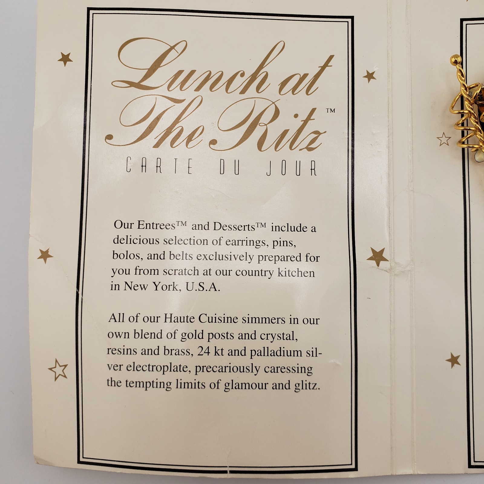 Lunch At The Ritz Pierced Earrings Masquerade With Moon New On Menu Card 1993