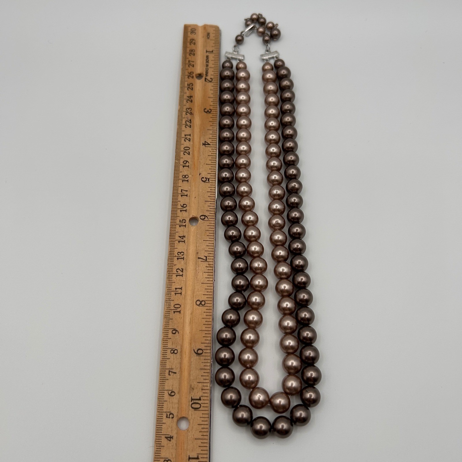 Vintage Hong Kong Double Strand Bronze Faux Pearl Necklace Mocha Brown Graduated