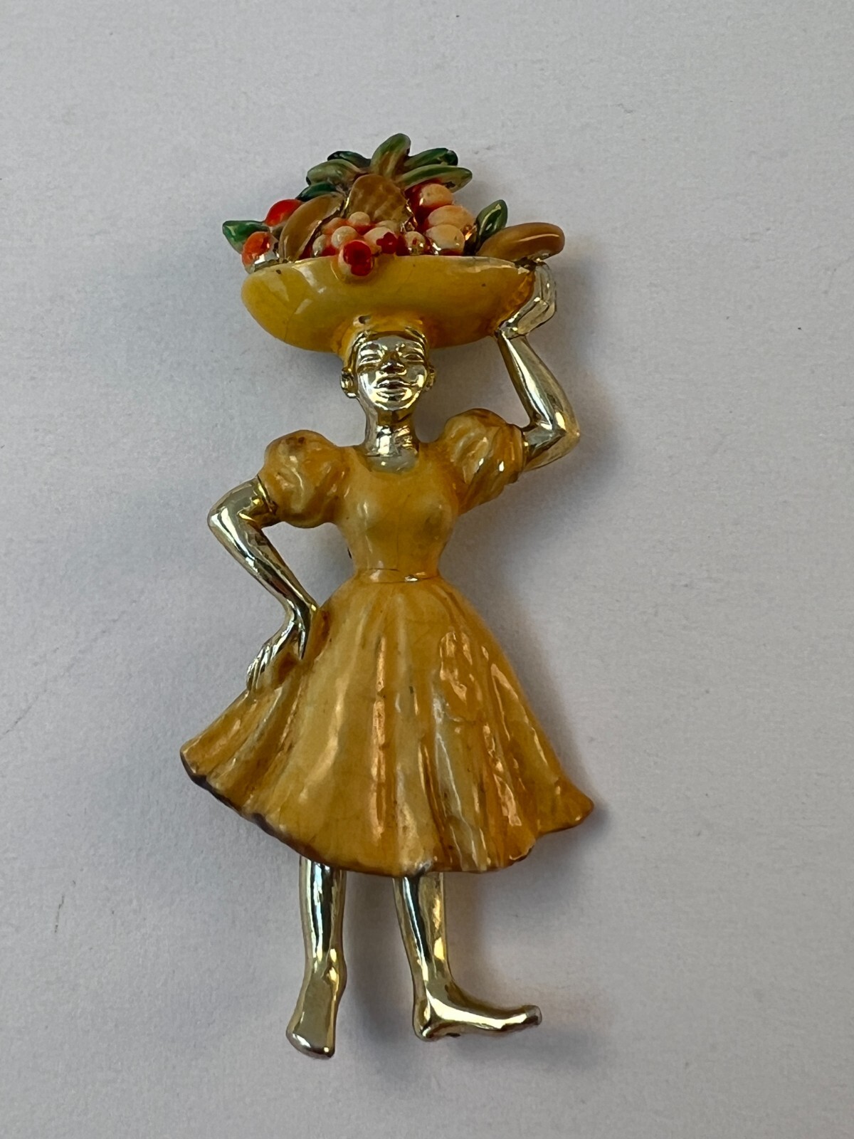 Vintage Brooch Lady Fruit Basket on Head Fruit Seller Enamel Gold Toned 1940s