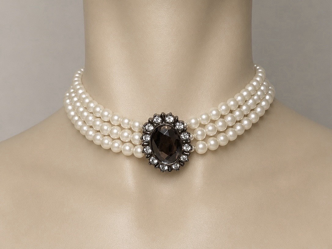 Vintage 3 Strand Faux Pearl Choker Necklace Smoky Rhinestone Gunmetal Clasp