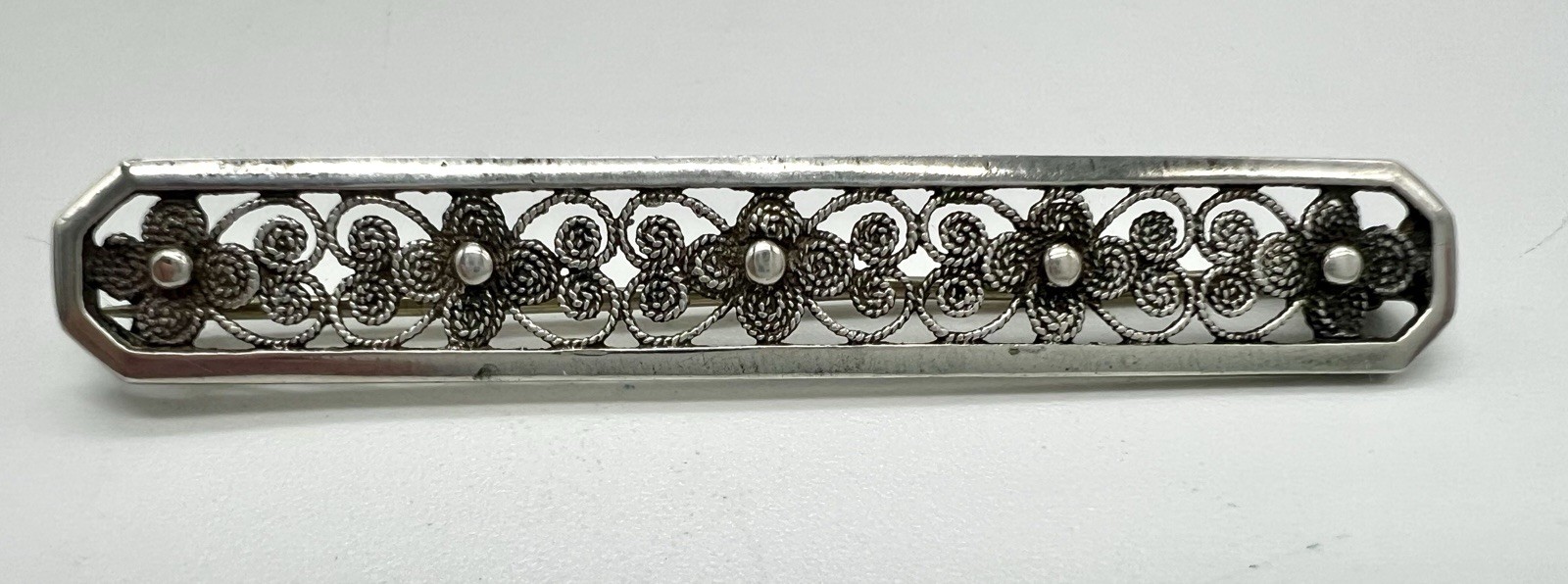 Antique 835 Sterling Silver Flower & Wire Bar Pin/Brooch