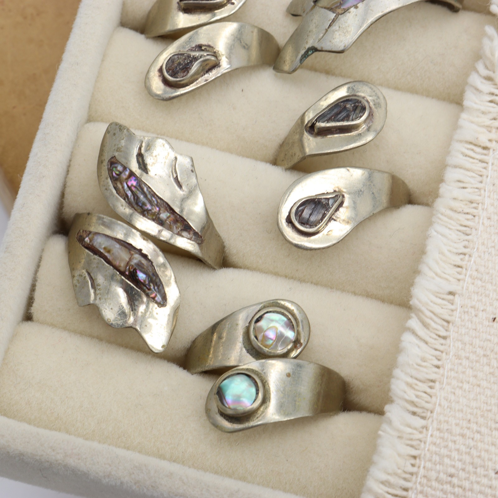 Vtg Mexico Alpaca Abalone Inlay Ring LOT 5 Wrap Shell Silver Metal Tone Mexican