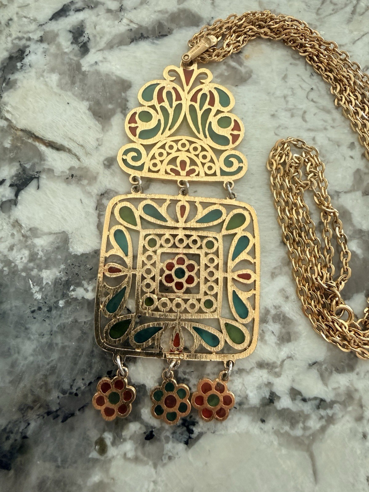 Trifari Plique a Jour Necklace Gold Tone Red Green Stained Glass Pendant Vintage