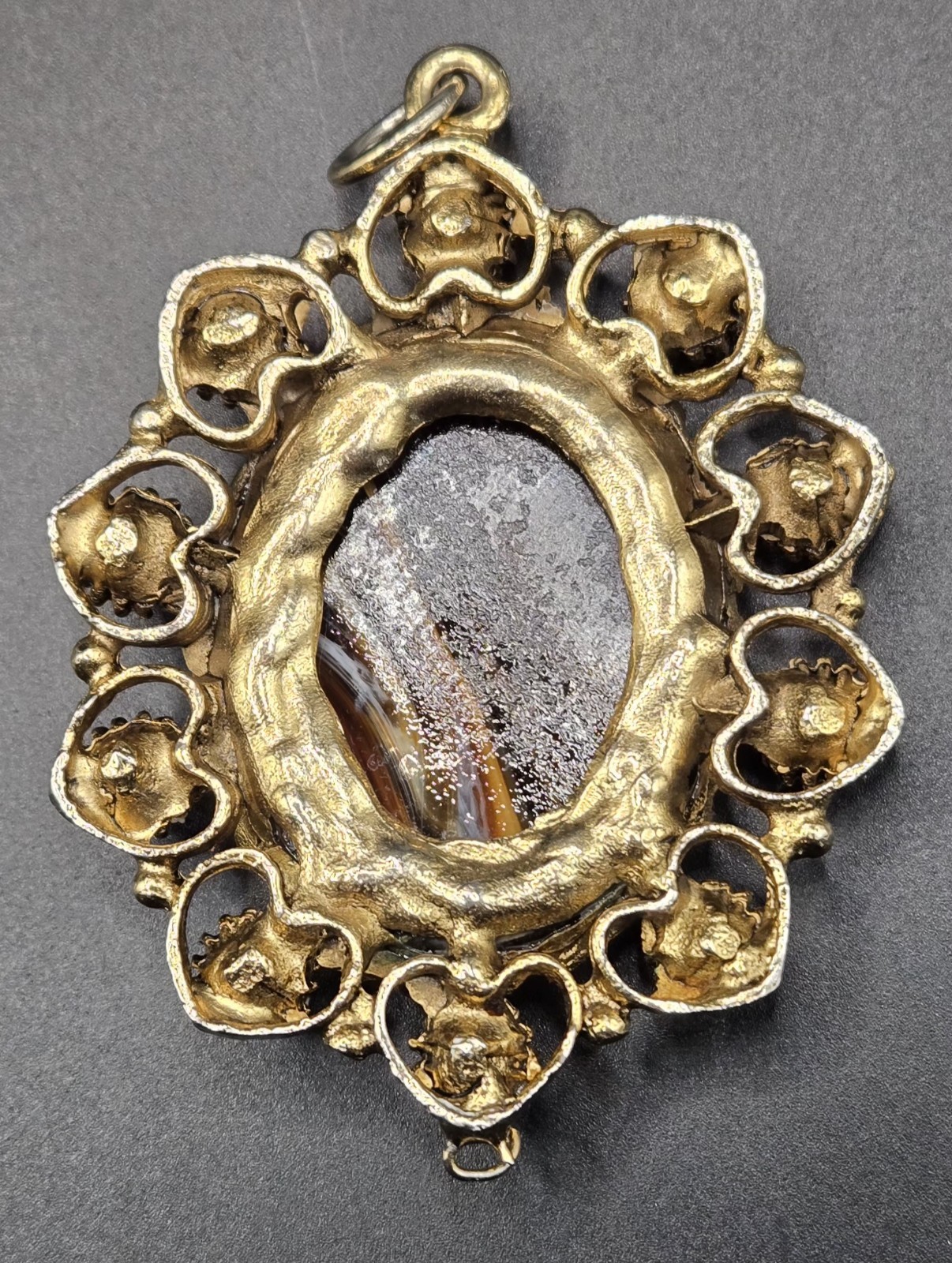 Vintage Ornate Gold Tone Oval Pendant Brown Black Stone Decorative Accents