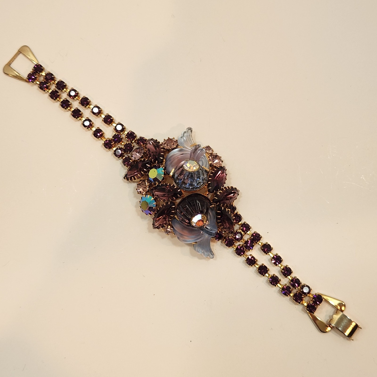 Vintage Edlee Amethyst Purple Molded Glass/Rhinestone Bracelet & Earring Set