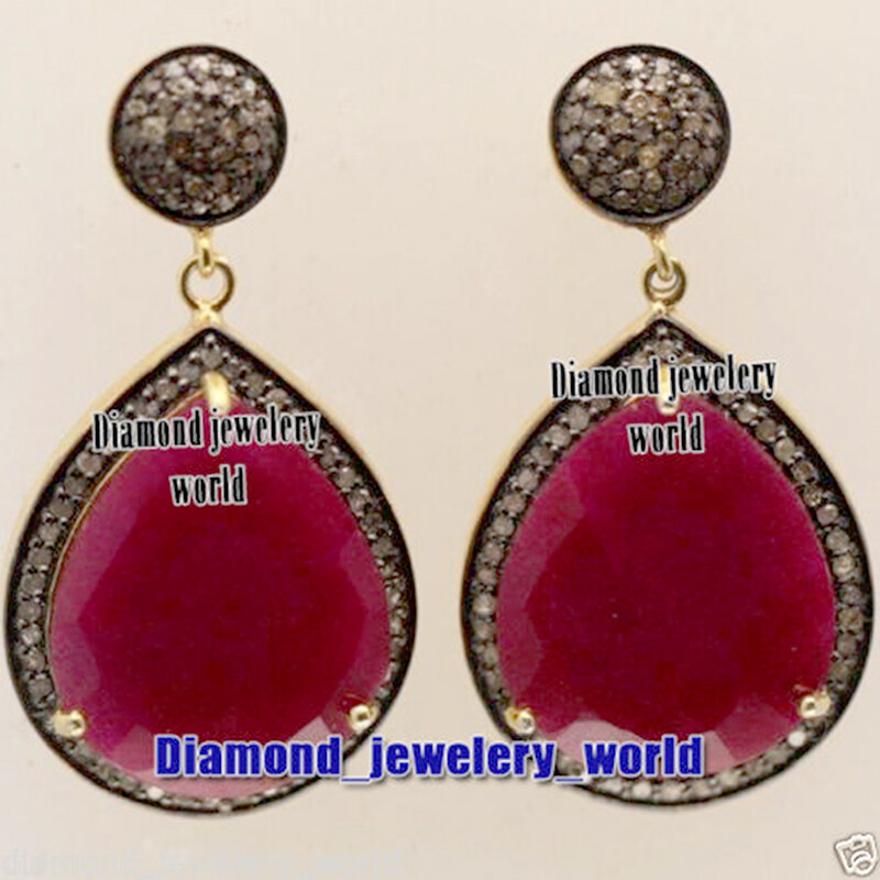 Gorgeous 1.75ctw Rose Cut Diamond Ruby Studded Silver Victorian Earring Jewelry