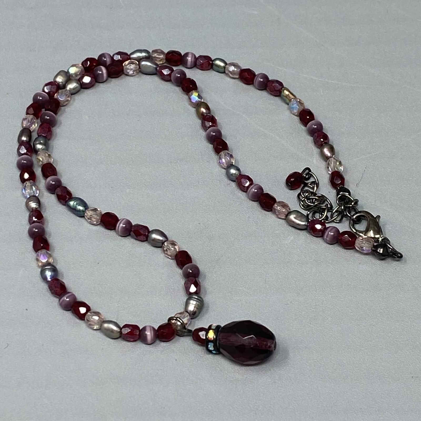 Red Pendant Necklace Teardrop Faceted Glass Purple Cats Eye Dainty Iridescent AB