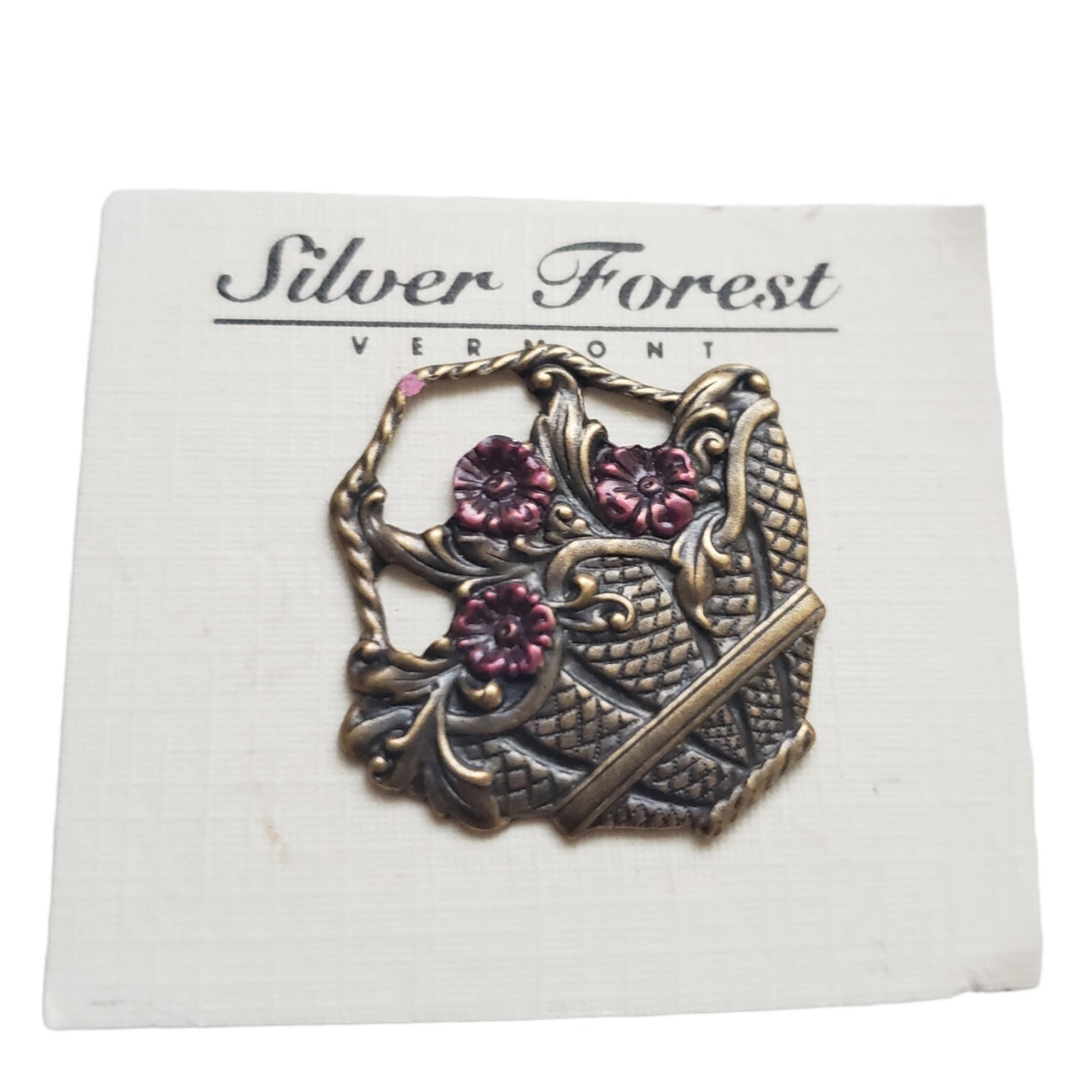 Silver Forest Vermont Pin Floral Basket Clutch Back NEW Old Stock Made in USA