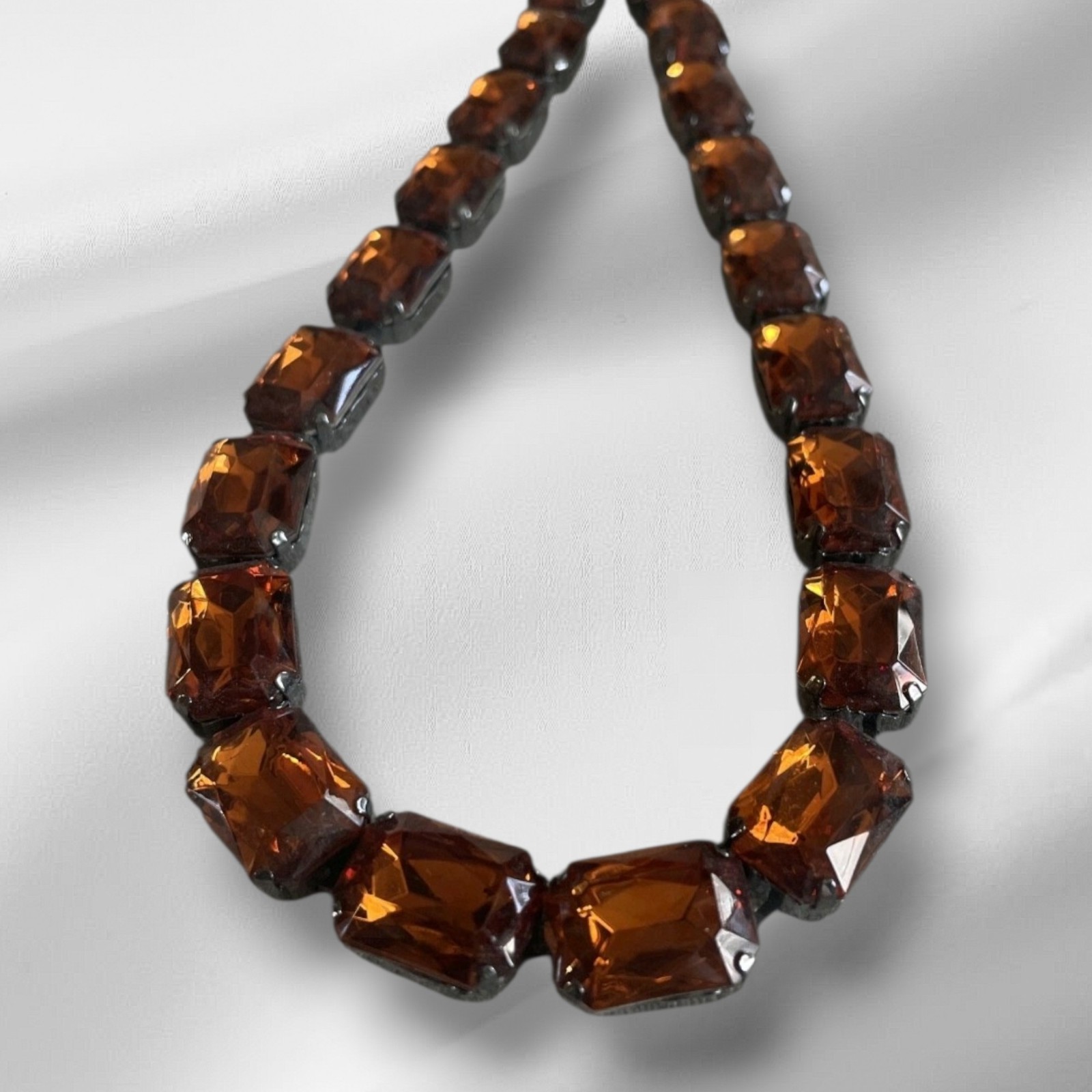Vintage Joan Rivers Amber Crystal Gunmetal Necklace 17-21 In