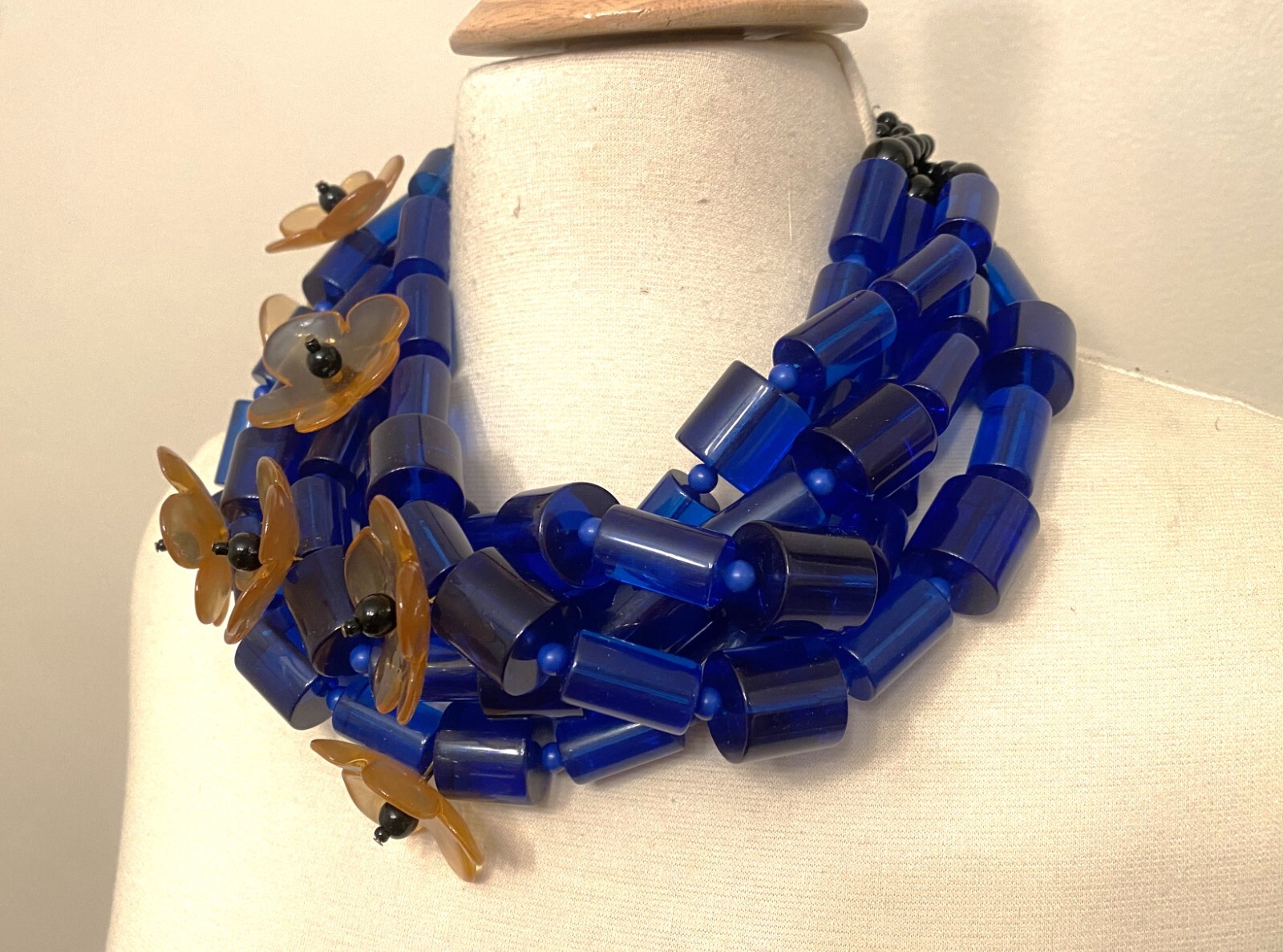 Fabulous Blue Tubular Lucite & Flowers Multi Strand Necklace