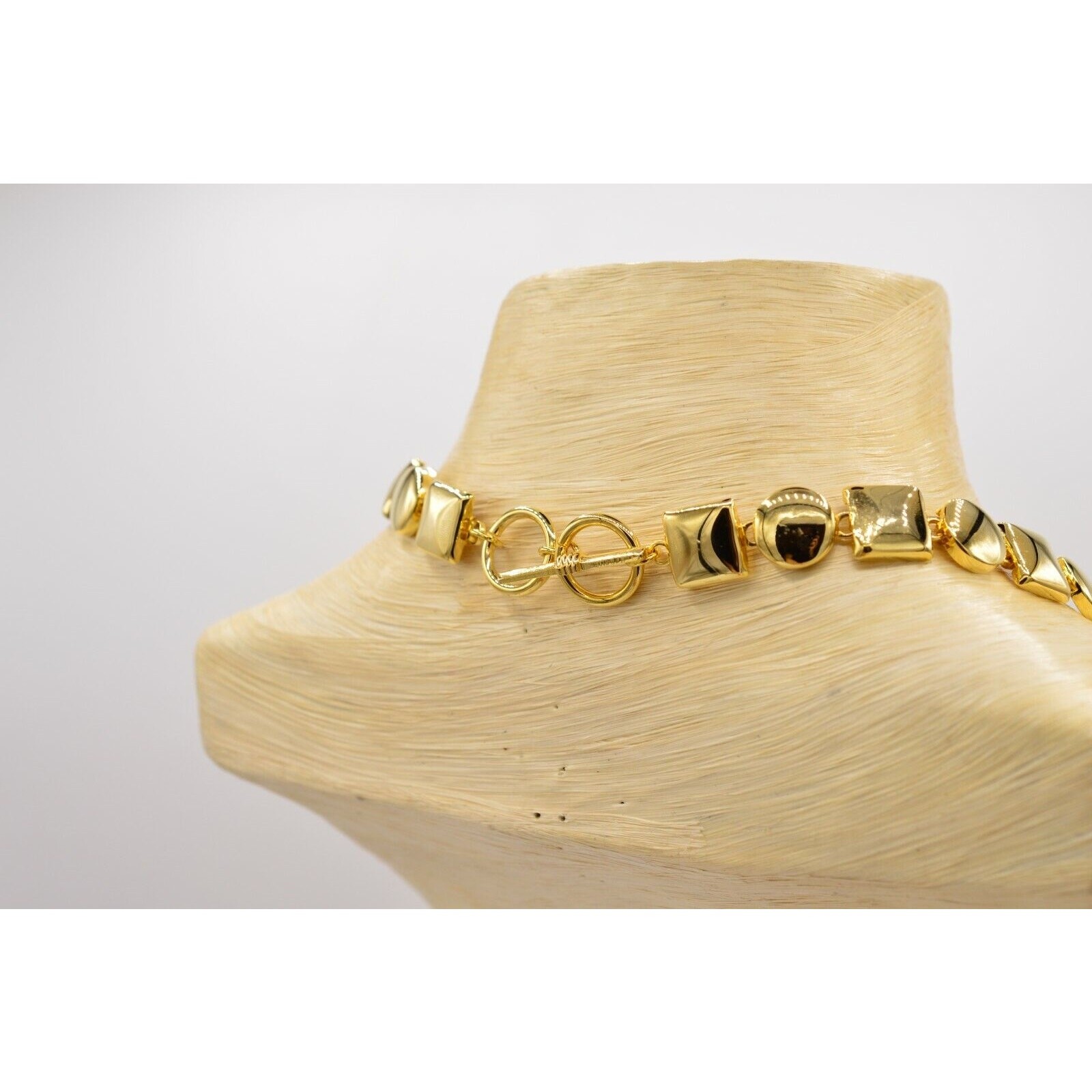 Vintage Chunky Geometric Collar Statement Necklace Shiny Gold Linked 1980s BinN