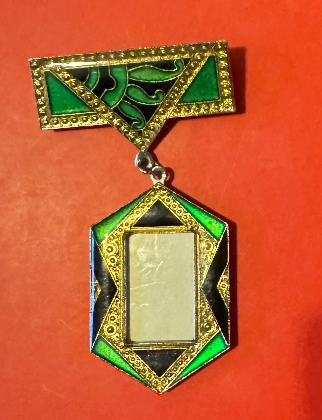 Vtg Art Deco Style Silver Tone Enameled Bar W/Dangling Picture Frame Brooch/Pin