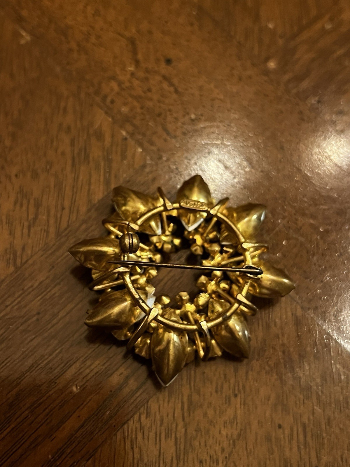 Vintage Austrian Red & Clear AB Rhinestone Floral Wreath Brooch Gold Tone Nice!