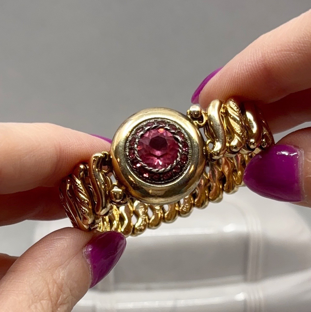 Carmen Gold Filled Sweetheart Bracelet Pink Rhinestones Retro DFB Co USA