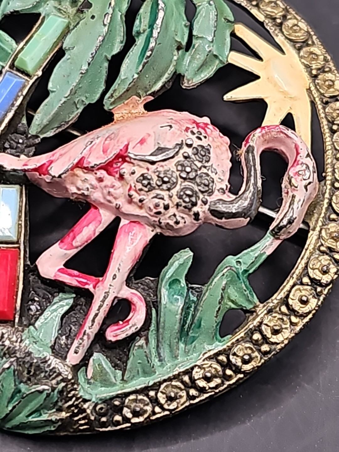 Vtg Signed Little Nemo Open Work Enameled Flamingo Tropicsl Palm Tree Brooch Pin