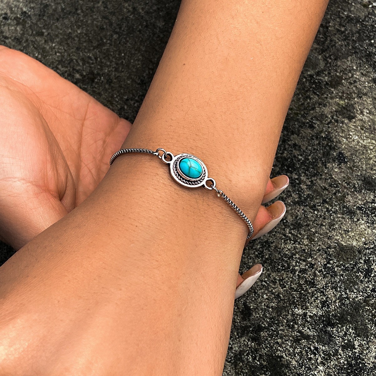 Adjustable Turquoise Antique Silver Bracelet for Women Vintage Boho Jewelry