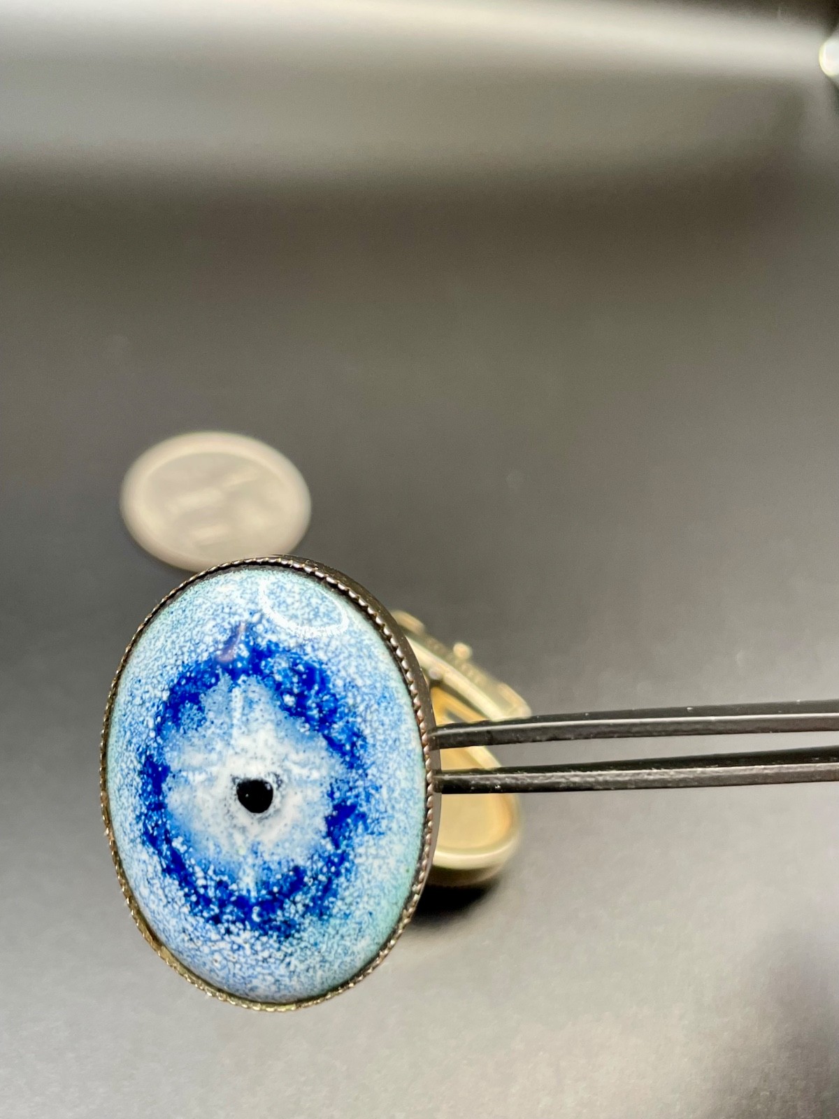 Vintage Mid Century Modernist Enamel Oval Silver Tone Cufflink Blue Evil Eye