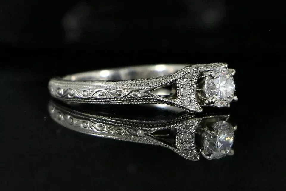 Antique Lab Created Diamond Vintage Style Art Deco Engagement Ring 14K Gold Over