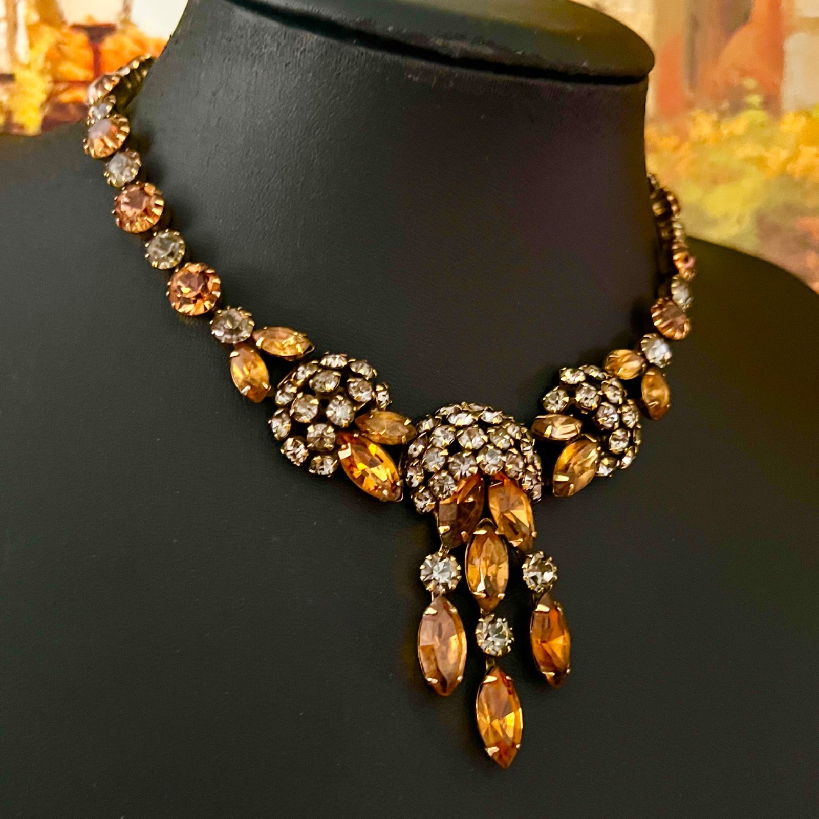 Vintage Kramer Tiered Topaz Honey Amber Rhinestone Necklace & Earrings Demi Set