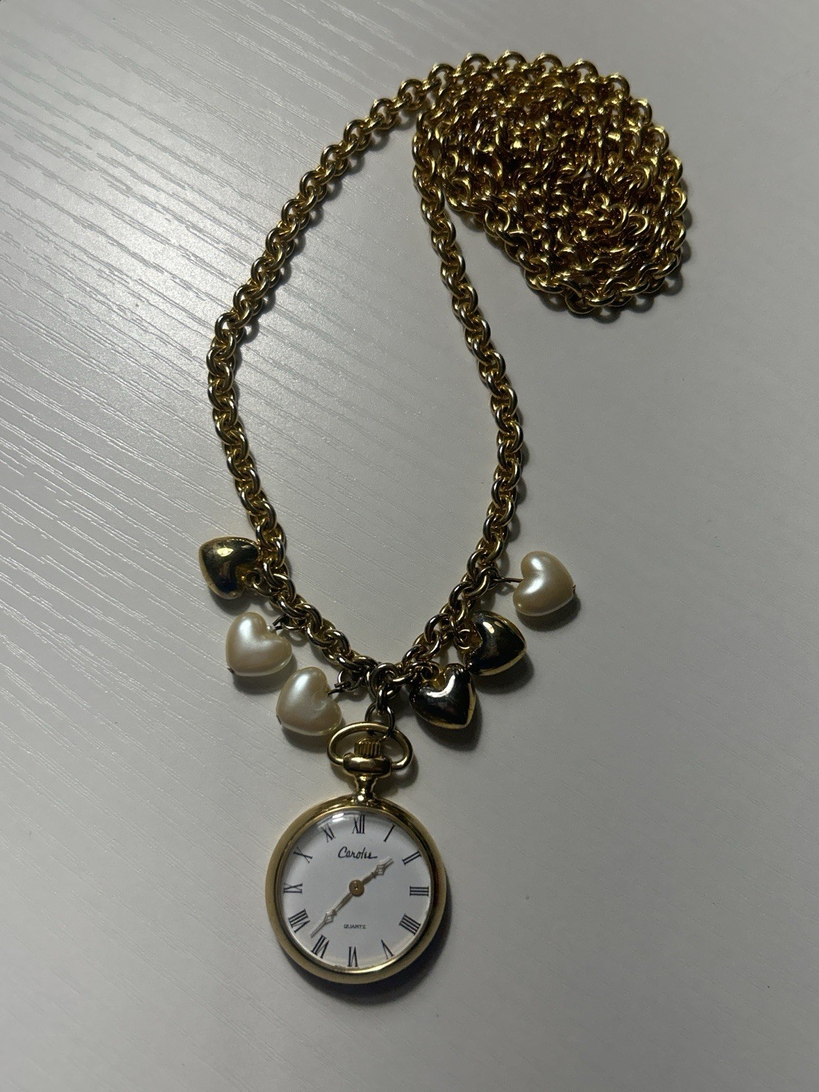 Vintage Carolee Pocket Watch Pendant Necklace Pearl Heart Charms Gold Tone 34”