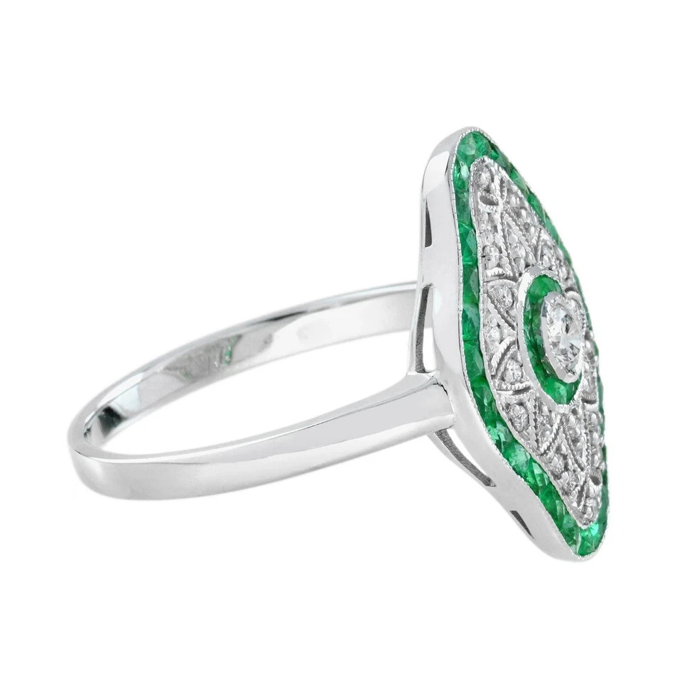 Art Deco Style Lab Created Diamond & Emerald Engagement 14K White Gold FN Ring