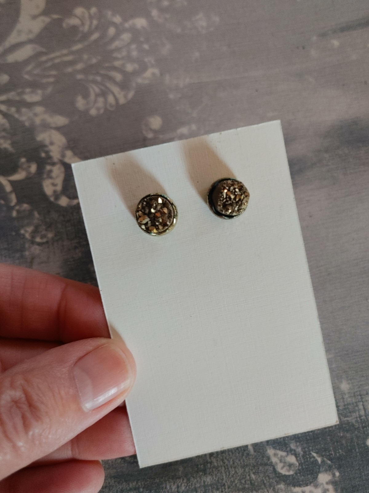 Vintage post earrings 9mm golden pyrite crystal in brass plated copper setting