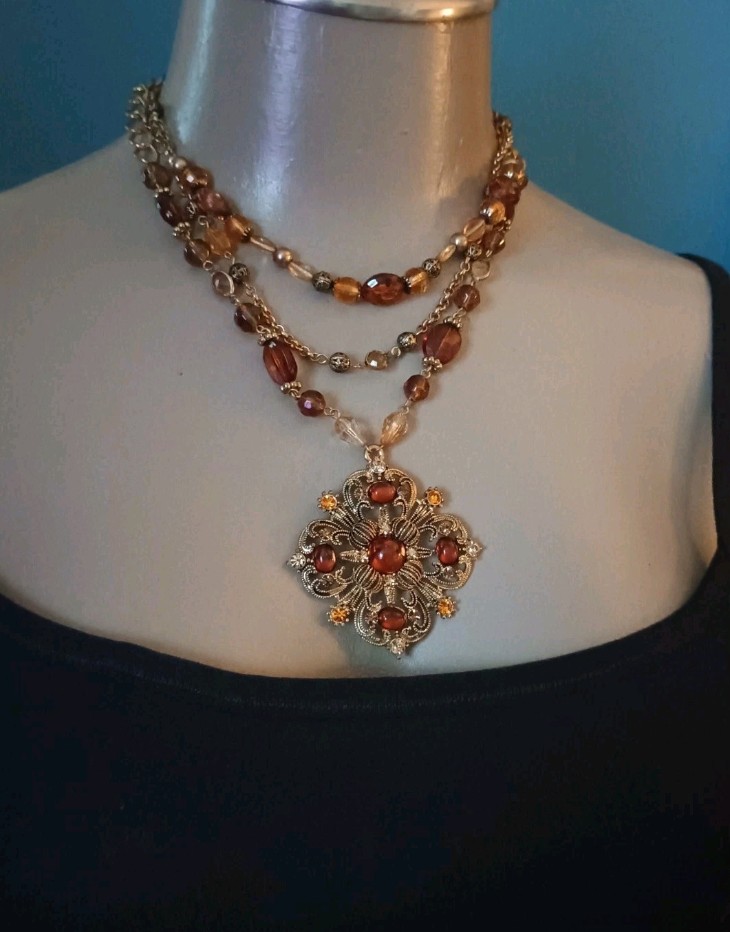 NOS 1990s Faux Ambrr Topaz Vintage Necklace Layered Macy’s NWT Rbt Rose Maximal