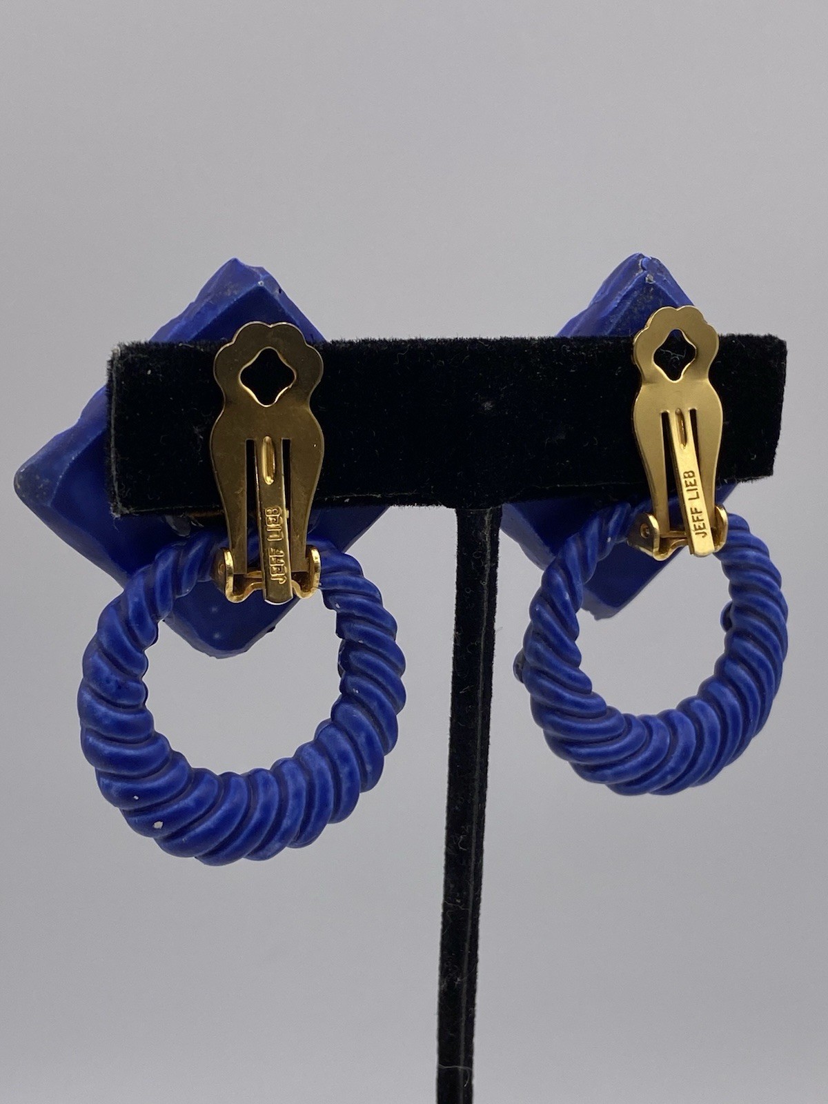 Jeff Lieb Signed Blue Rhinestones Clip On Earrings Squares W/ Detachable Circles