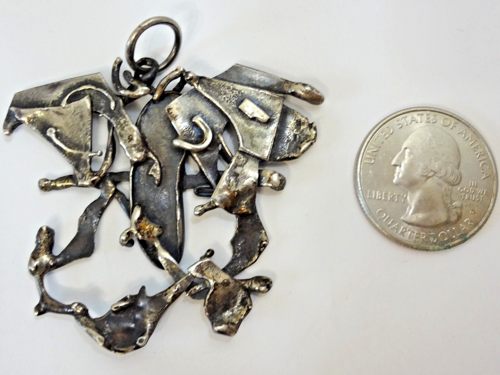 Mid Century Abstract Brutalist Sterling Silver Signed (Unknown Hallmark) Pendant
