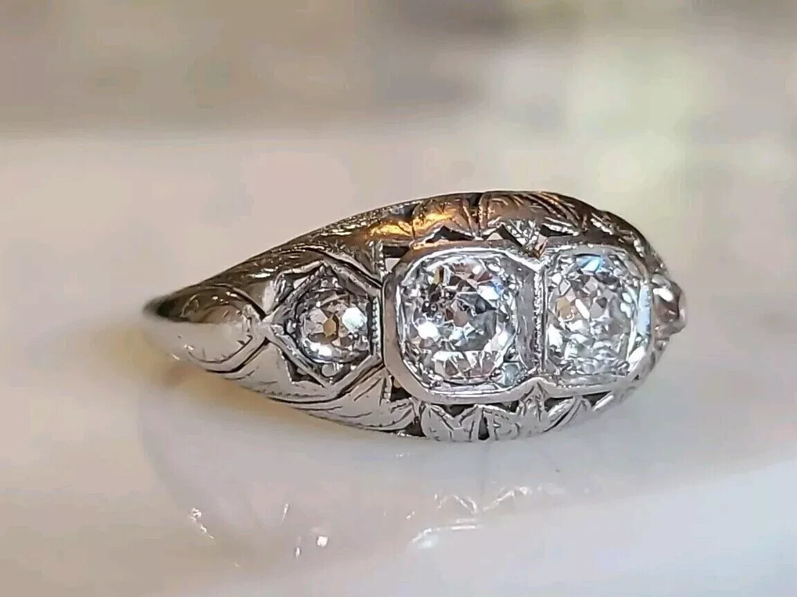 Art Deco Round Lab Created Diamond 14K White Gold FN Filigree Engagement Ring