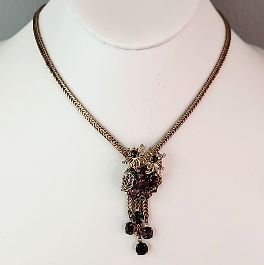 Vintage Rhinestone Necklace Purple Tassel Gold Tone Foxtail 15″