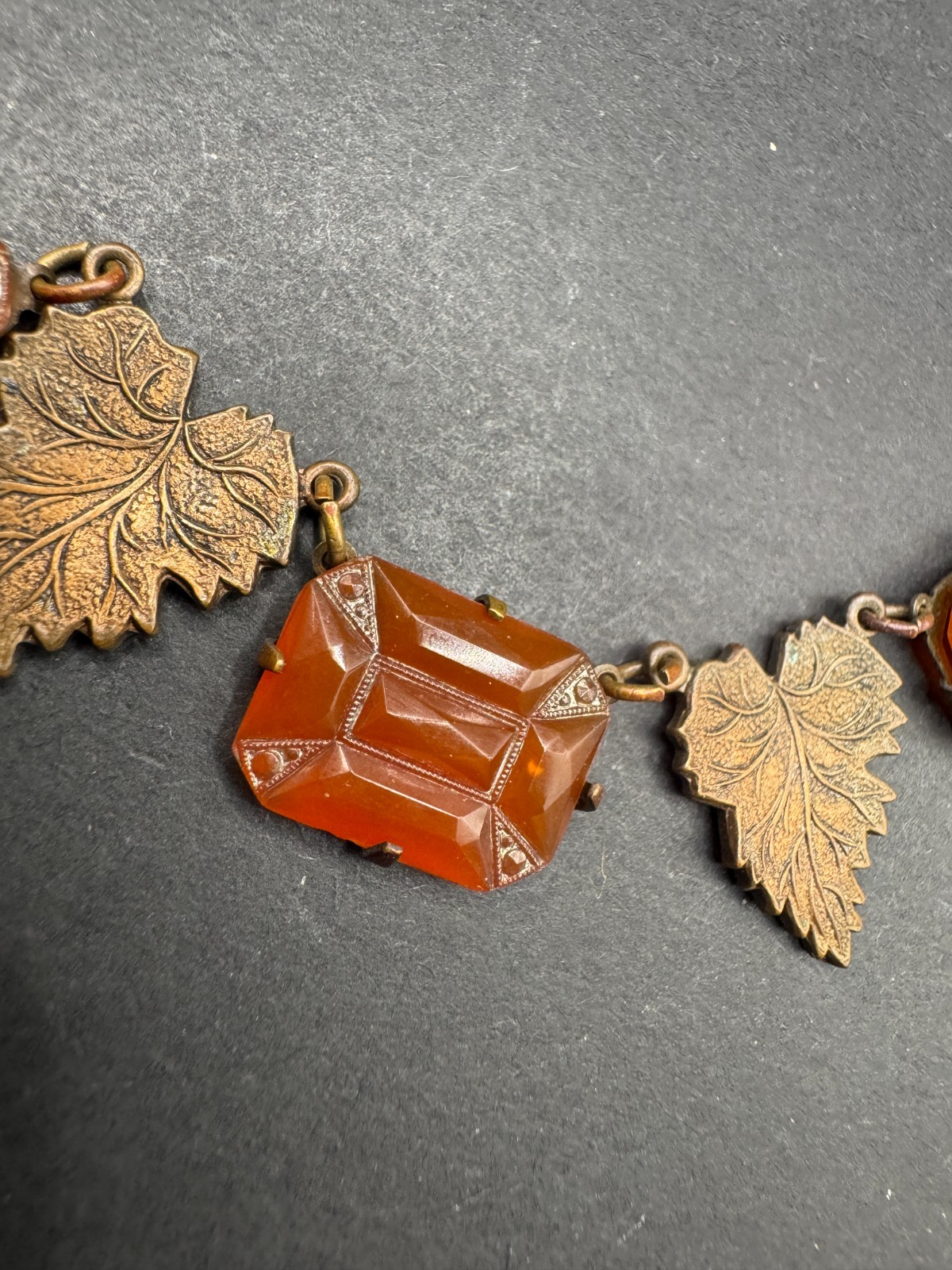 Art Deco Carnelian Glass & Leaf Necklace Brass