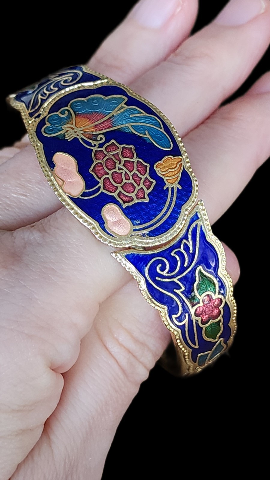 Vintage Cloisonne Cobalt Blue Floral Butterfly Enamel Bracelet Gold Tone