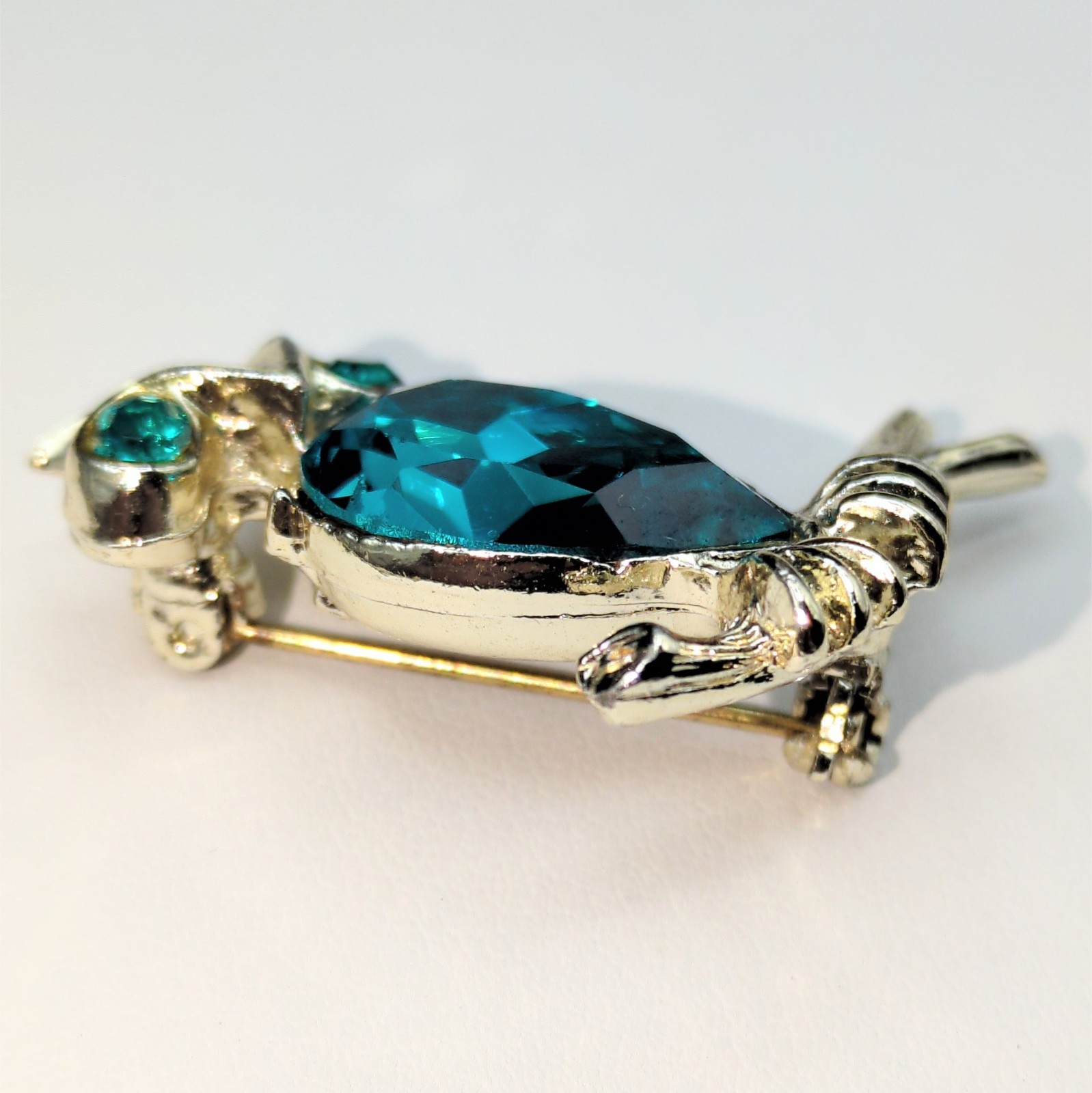 Brooch Pin Vintage Cerulean Blue Rhinestone Owl Bird Branch Animal Dodds Signed
