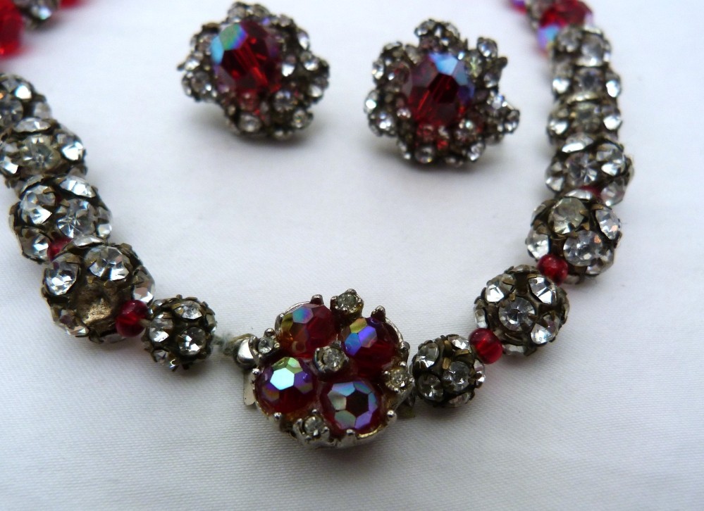 VINTAGE DALSHEIM RHINESTONE SPHERES RED CRYSTAL AB BEADS NECKLACE EARRINGS SET