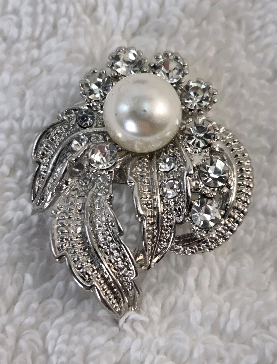 Vintage Silver Leaf Faux Pearl Flower Brooch with Rhinestones 1.25 inch