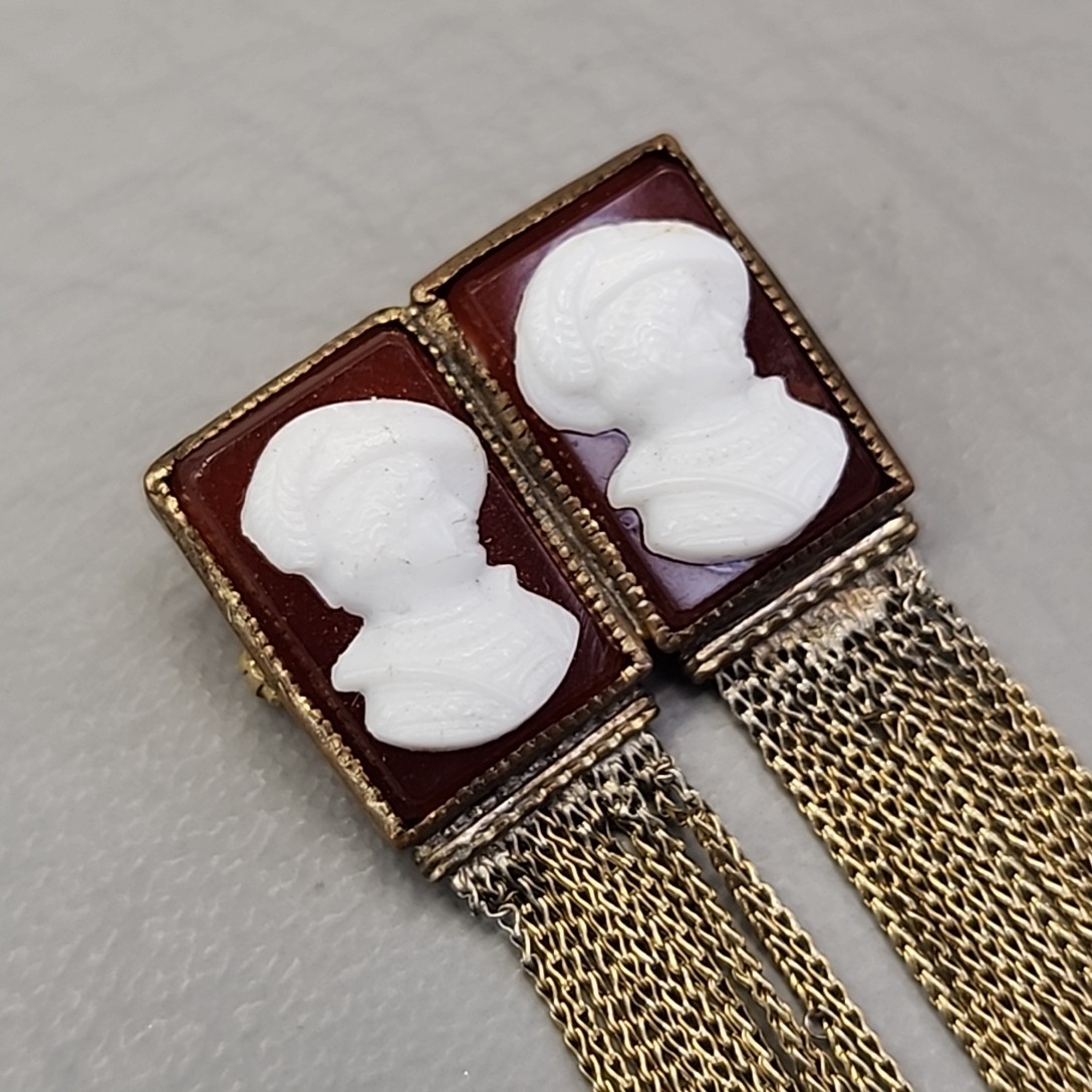 Antique Double Cameo Glass Brooch Red White Face Tassels Gold Filled Unique 2″