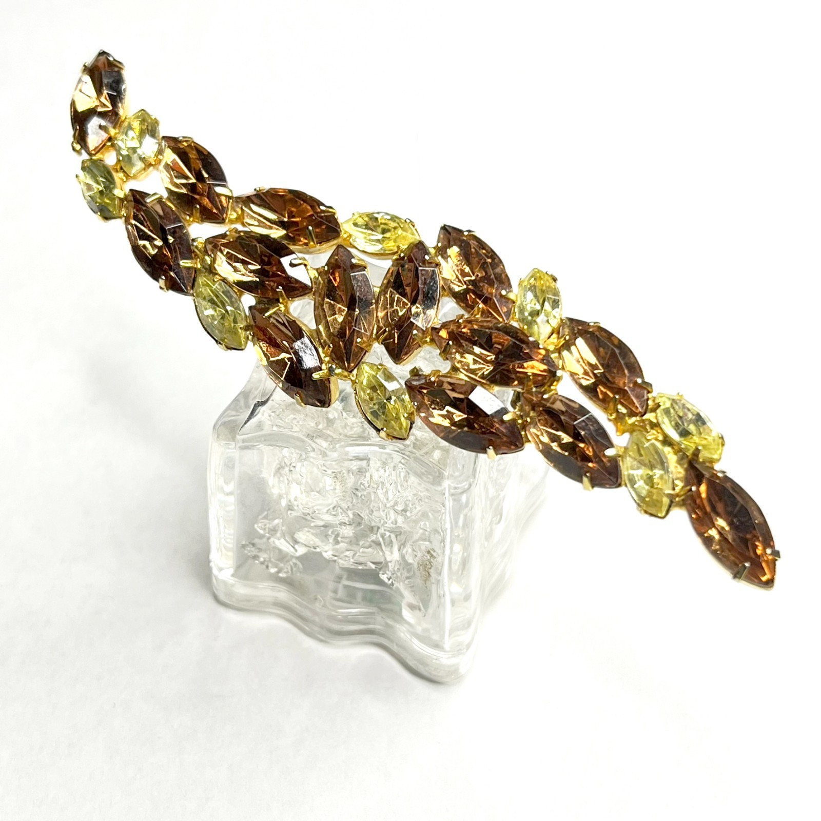 Large VTG Juliana? Leaf Flame Swoosh Brown Yellow Navette Rhinestone Pin Brooch