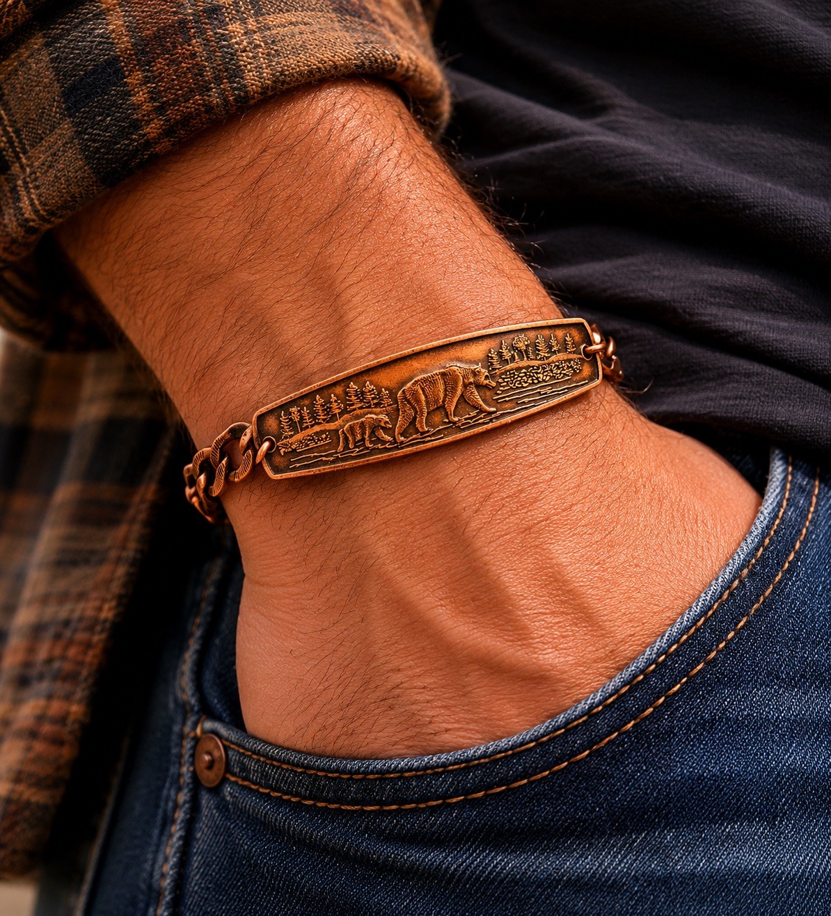 Vintage Copper Bar Bear Plate Tag Curb Link Chain, Men Bracelet – preowned