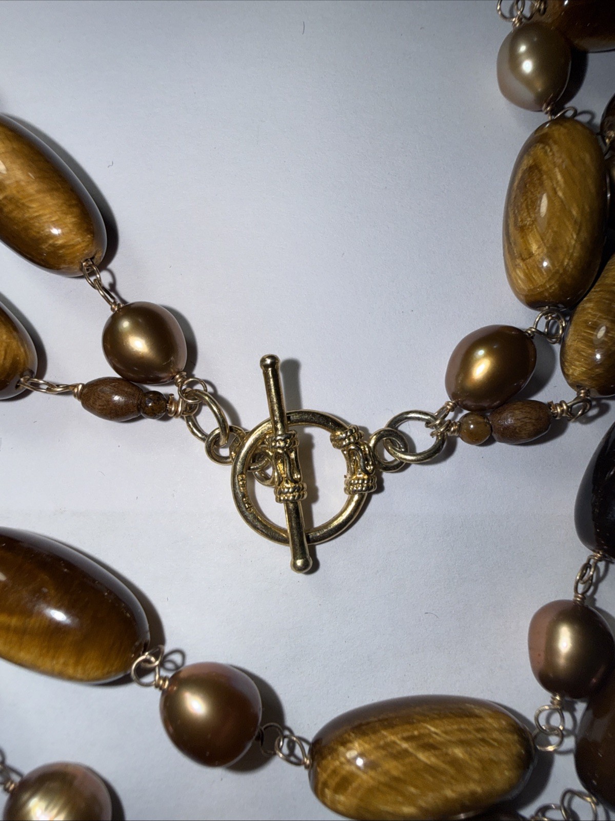 Necklace 2 Strand Tiger’s Eye Cultured Pearl Vermeil Toggle Clasp Vintage Unused