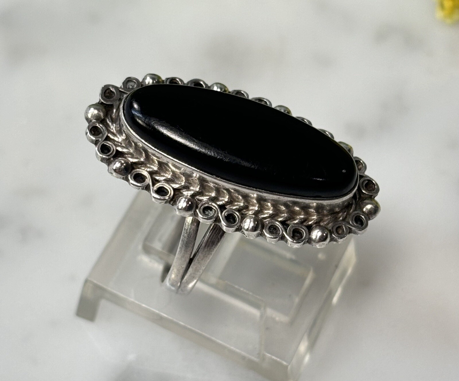 Vtg MEXICO Sterling Silver Black Onyx Large Oval Cabochon Split Band Ring Sz 6