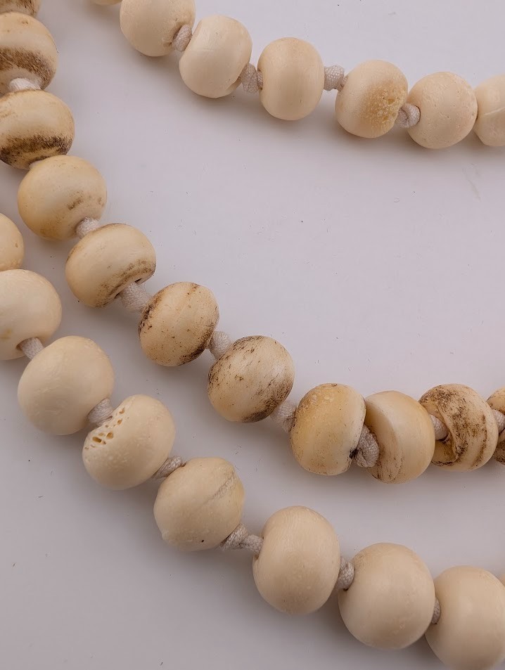 3-TIER COW BONE NECKLACE hand carved old beads on cream colored ribbon boho B5